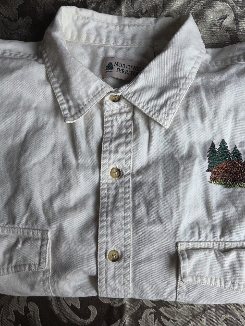 Northwest Territory White Short-Sleeve Button-Down Shirt with Tree Embroidery